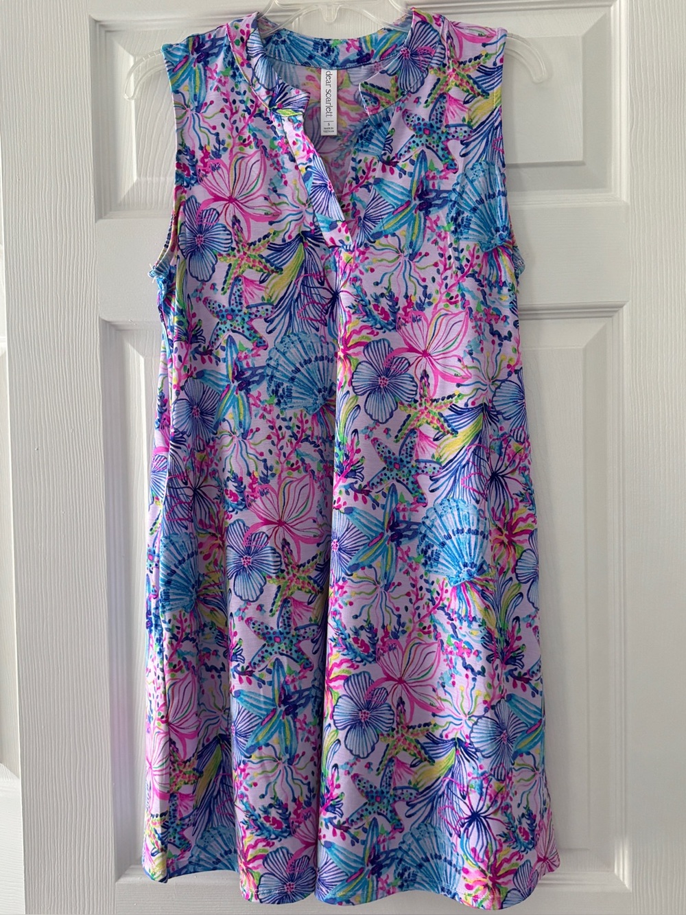 Scarlett Sleeveless Floral & Seashell Print Dress in Pink, Blue & Yellow